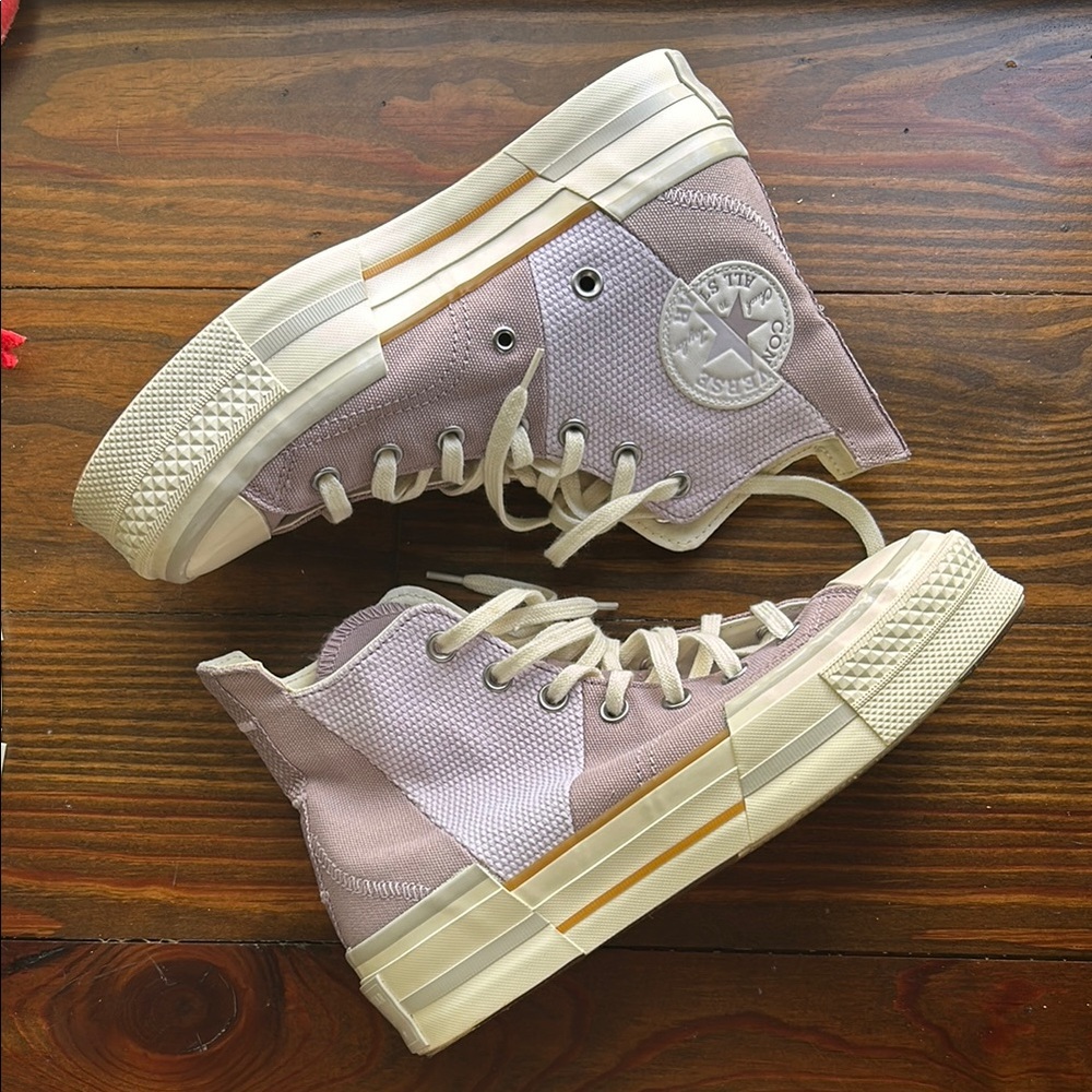 Converse Cream and Purple High-Top Sneakers
